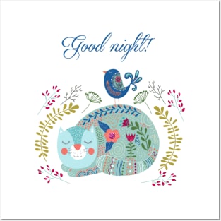 good night cute cat flower Posters and Art